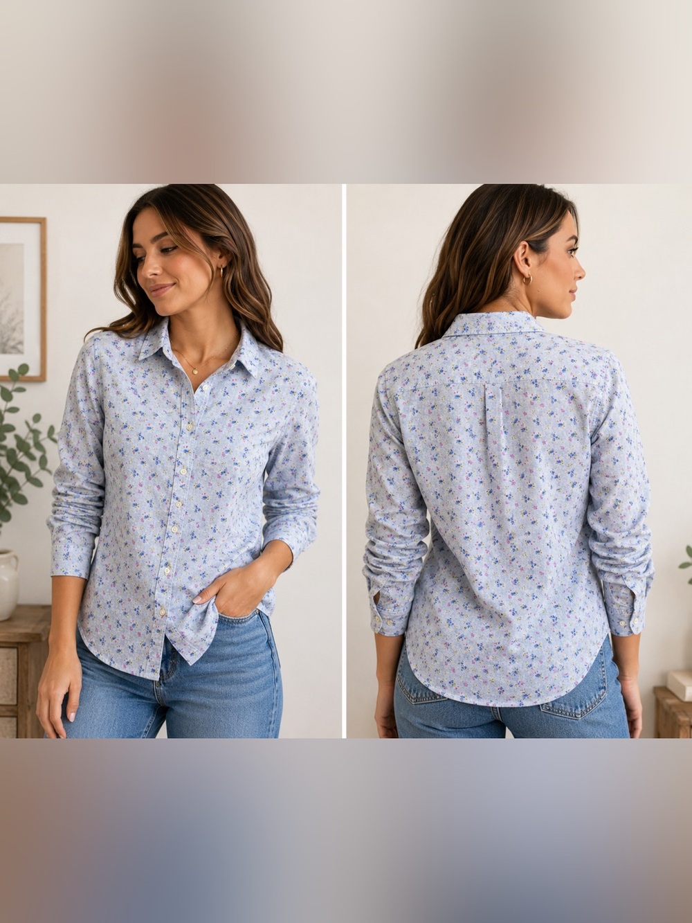 Eddie Bauer Petite S Floral Button Down Shirt Blue Pink 100% Cotton